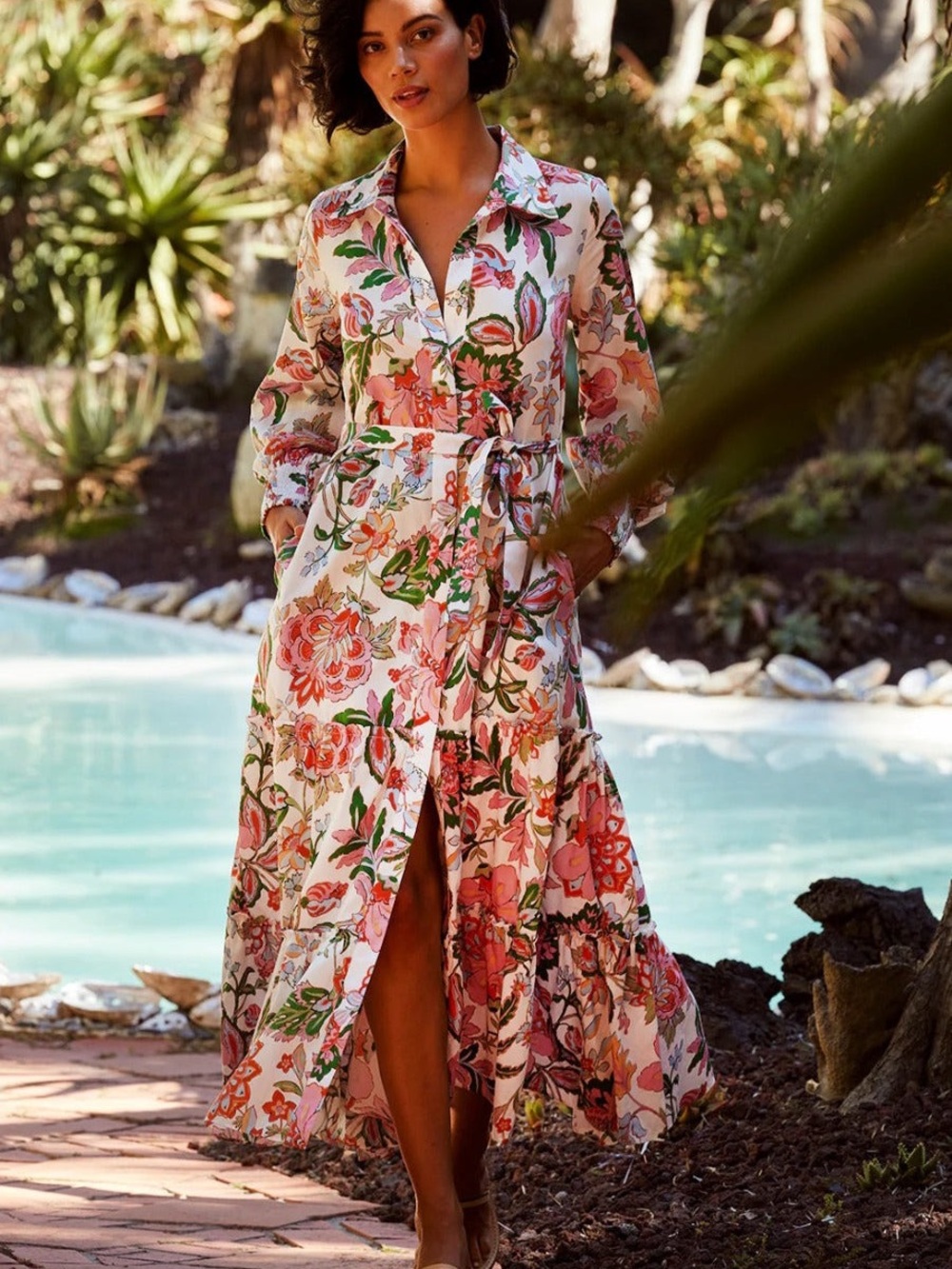 NWT MISA Esme Casablanca Floral Maxi Midi Shirt Long Sleeve Dress
